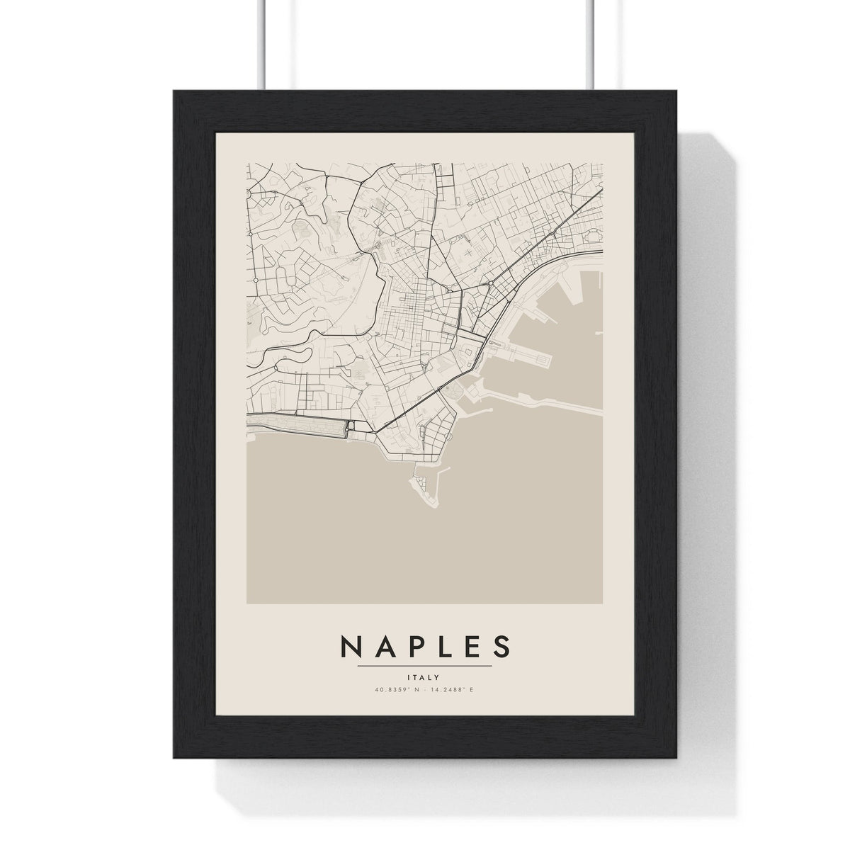Naples street map poster in cream, minimal city map print framed in a black frame
