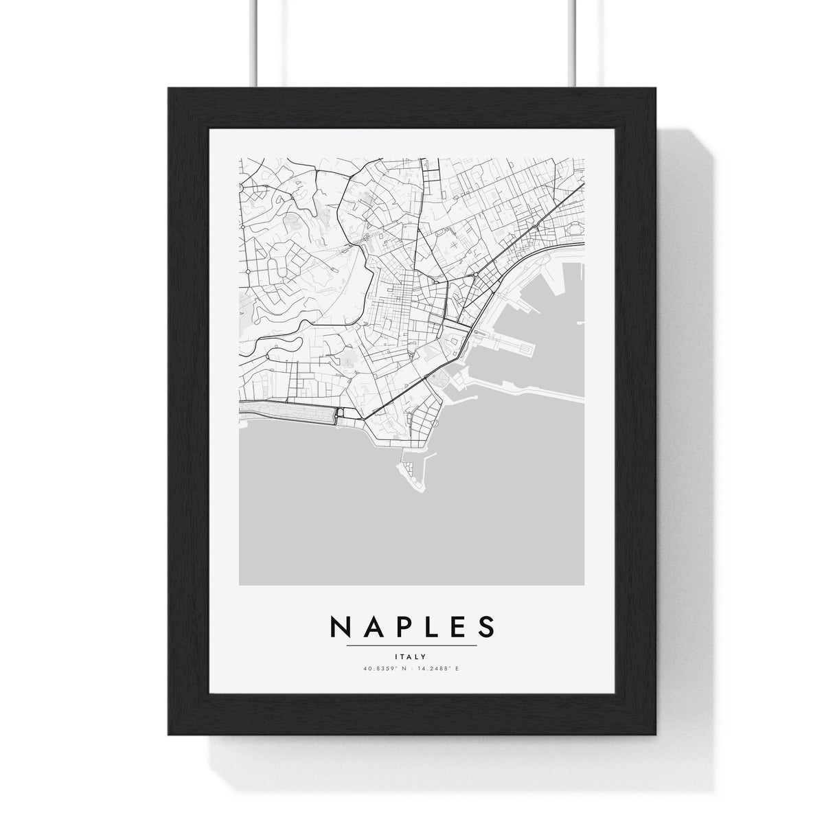 Naples street map poster in white, minimal city map print framed in a black frame