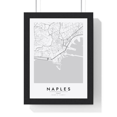 Naples street map poster in white, minimal city map print framed in a black frame