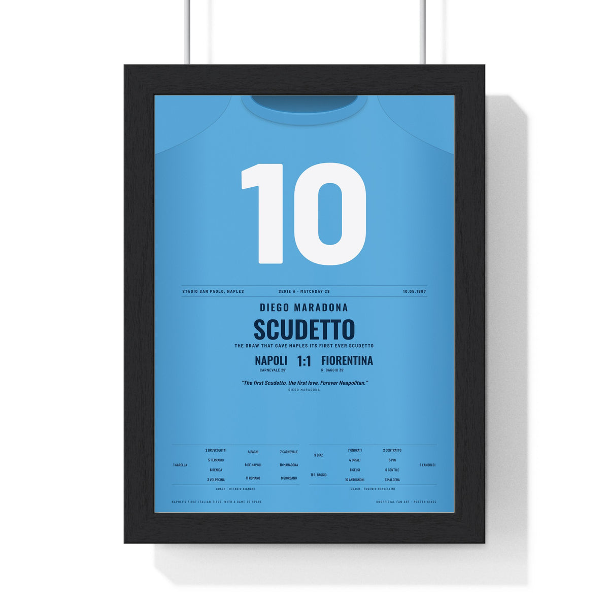 Napoli Scudetto 1987 Poster - Diego Maradona 10 First Serie A Title Shirt Print framed in a black frame, ready to hang