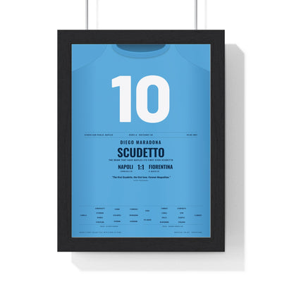 Napoli Scudetto 1987 Poster - Diego Maradona 10 First Serie A Title Shirt Print framed in a black frame, ready to hang