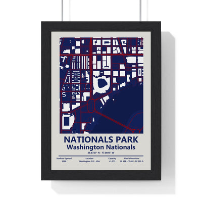 Nationals Park map print framed in a black frame, ready to hang