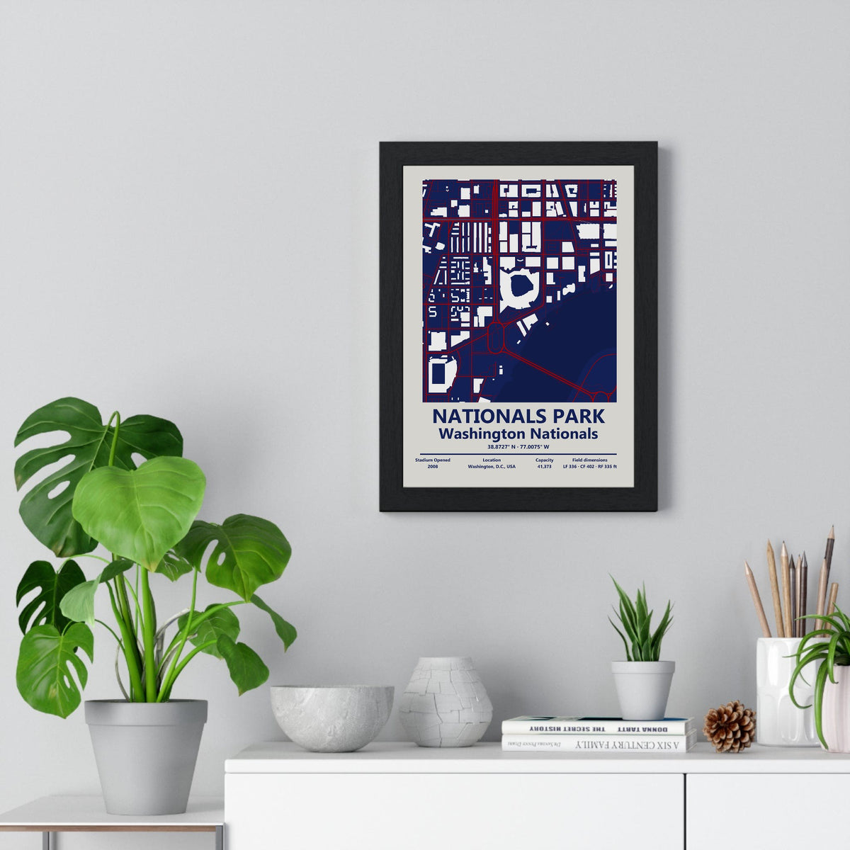 Nationals Park map print framed on a living room wall