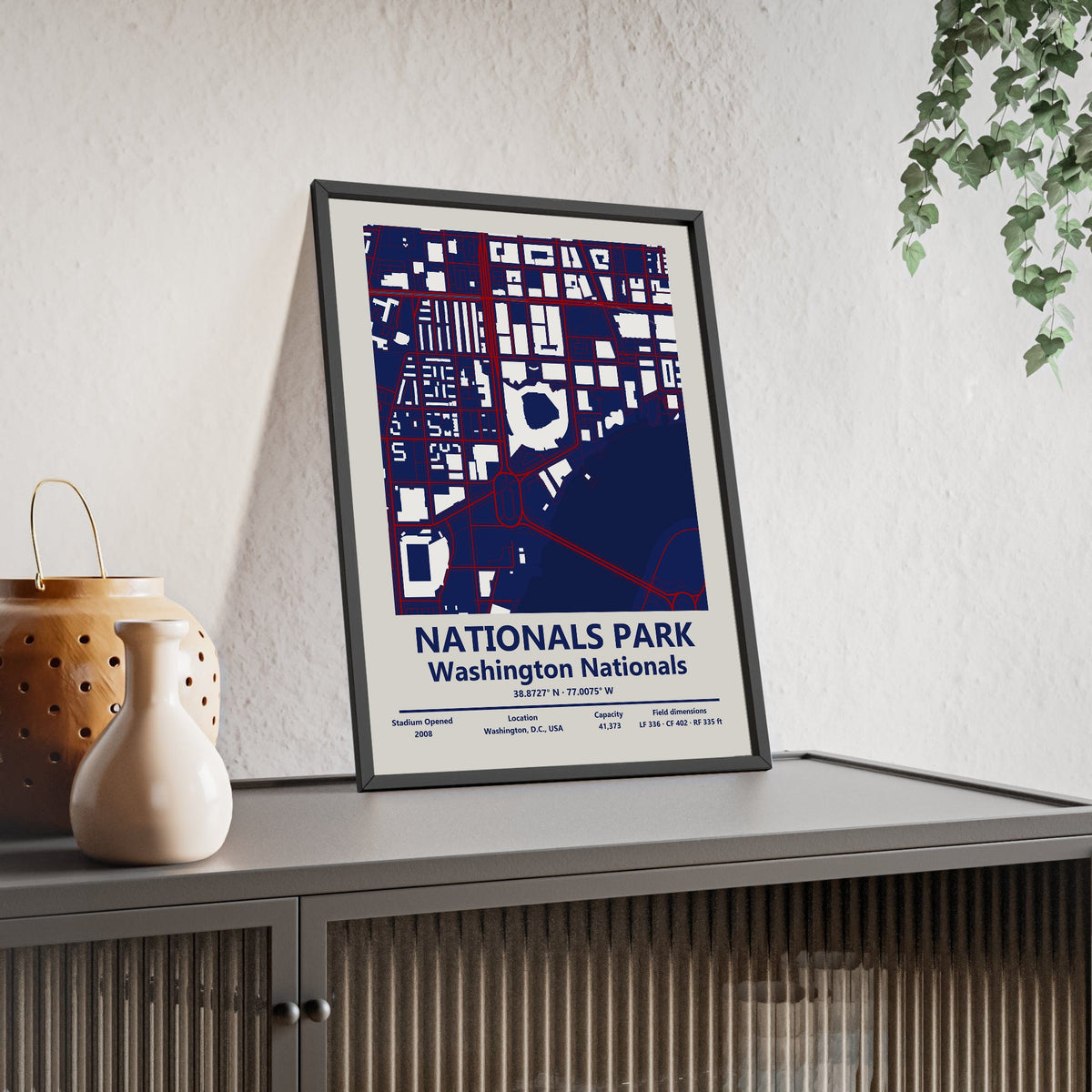 Nationals Park map print framed and leaning on a sideboard