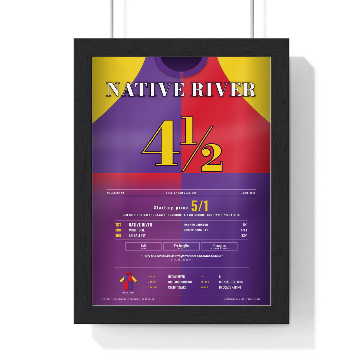 Native River Cheltenham Gold Cup 2018 Horse Racing Poster - Gold Cup Duel Silks Print framed in a black frame, ready to hang