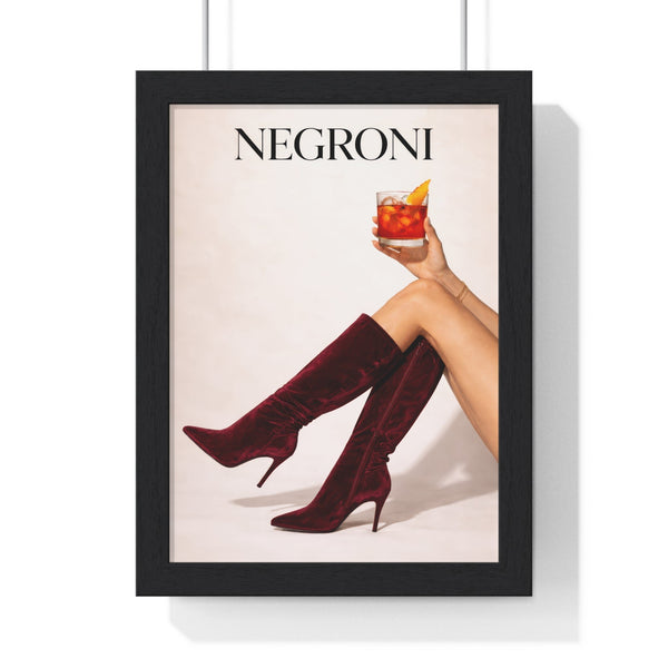 Framed Negroni cocktail fashion poster with red boots and drink design, home bar wall art