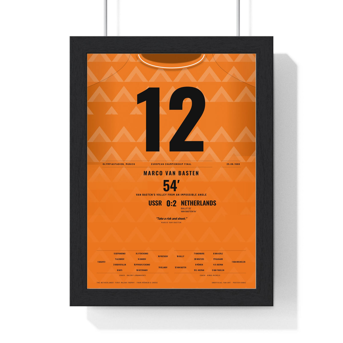 Netherlands Euro 88 Final Poster - Marco van Basten 12 Volley v USSR Shirt Print framed in a black frame, ready to hang