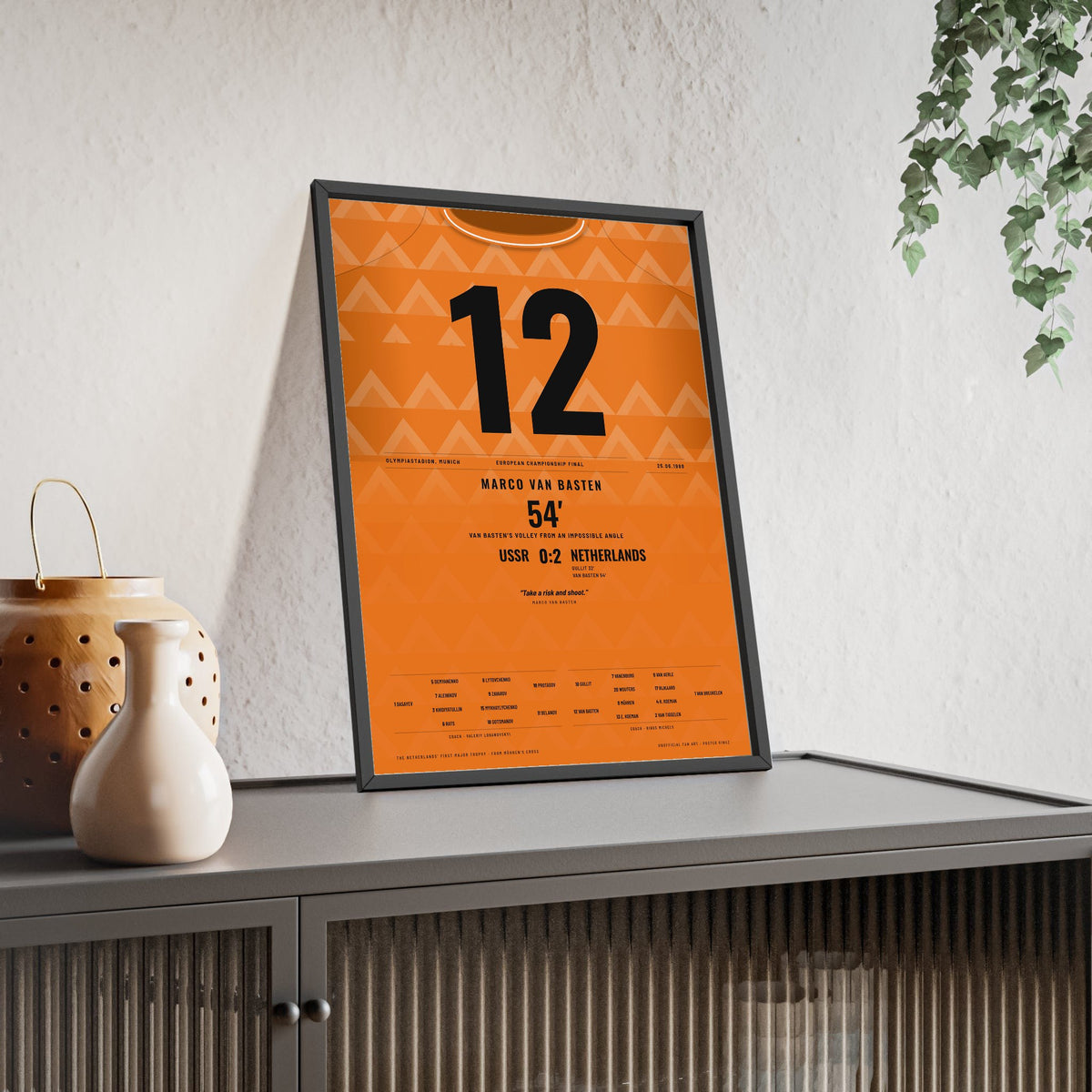 Netherlands Euro 88 Final Poster - Marco van Basten 12 Volley v USSR Shirt Print framed and leaning on a sideboard