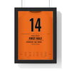Netherlands World Cup 1974 Poster - Johan Cruyff 14 Cruyff Turn v Sweden Shirt Print framed in a black frame, ready to hang