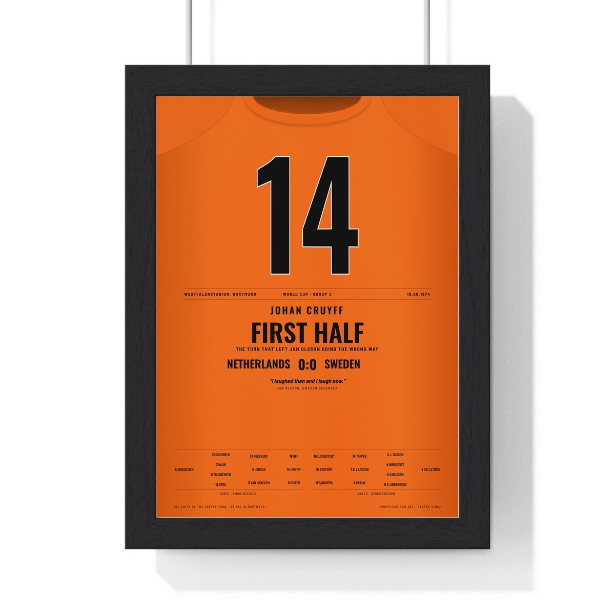 Netherlands World Cup 1974 Poster - Johan Cruyff 14 Cruyff Turn v Sweden Shirt Print framed in a black frame, ready to hang