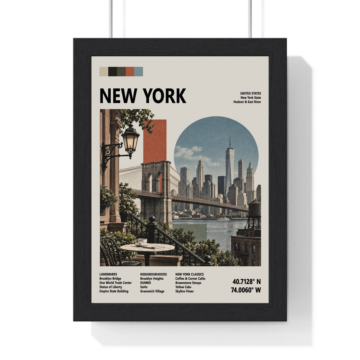 New York Mid Century Travel print framed in a black frame, ready to hang