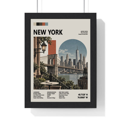 New York Mid Century Travel print framed in a black frame, ready to hang