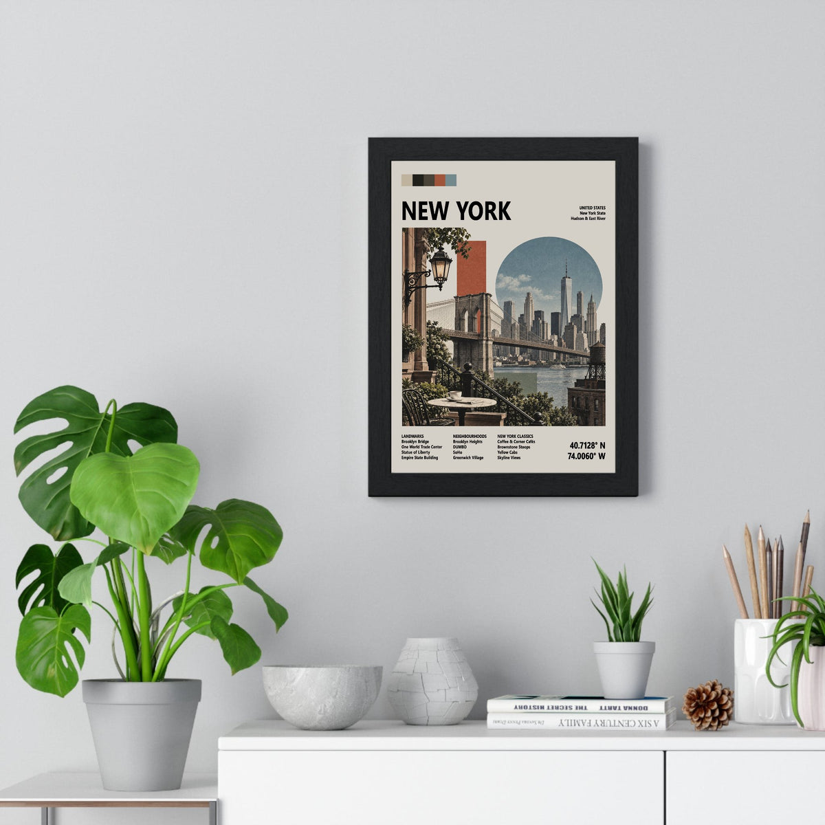 New York Mid Century Travel print framed on a living room wall