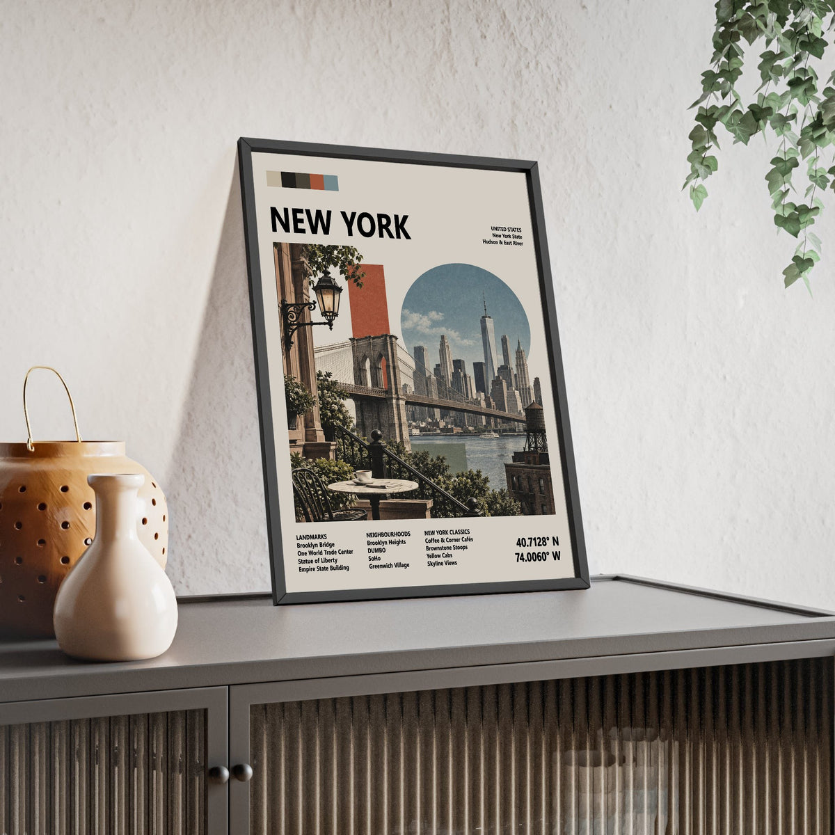 New York Mid Century Travel print framed and leaning on a sideboard