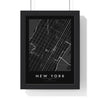 New York street map poster in black, minimal city map print framed in a black frame