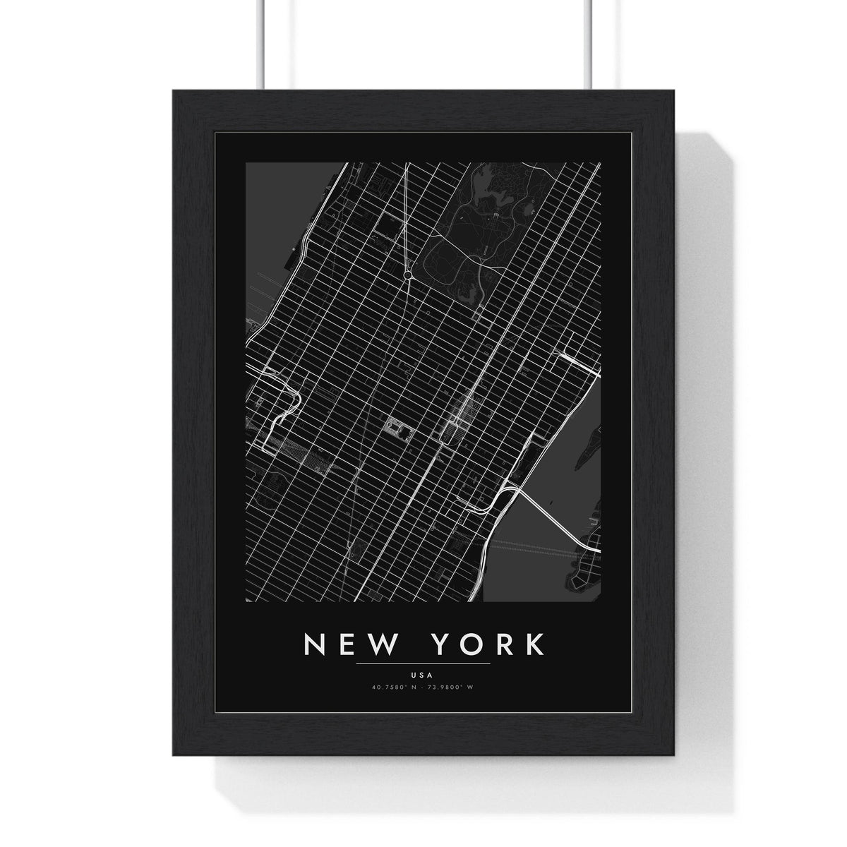 New York street map poster in black, minimal city map print framed in a black frame