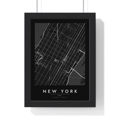 New York street map poster in black, minimal city map print framed in a black frame