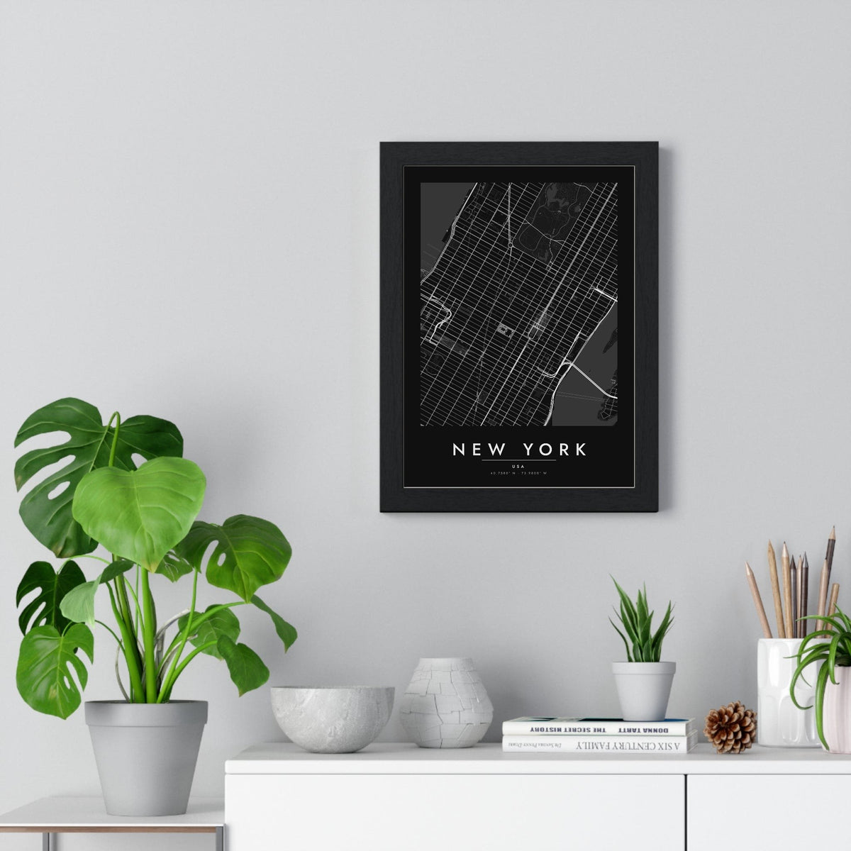 New York street map poster in black, minimal city map print framed on a living room wall