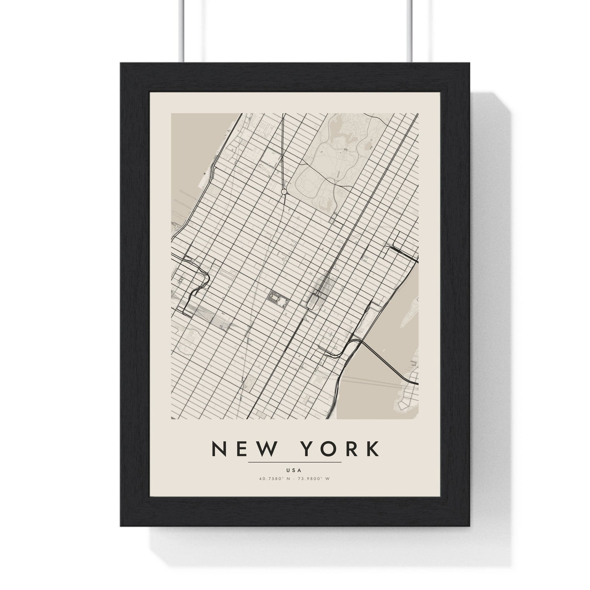 New York street map poster in cream, minimal city map print framed in a black frame