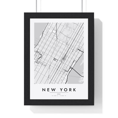 New York street map poster in white, minimal city map print framed in a black frame