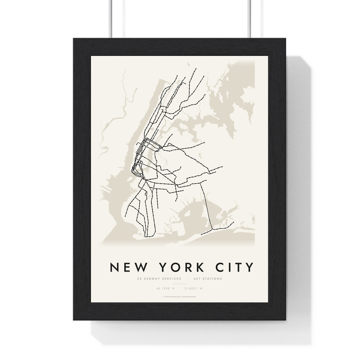 New York Subway Map Print - framed minimal New York City metro lines map print, black lines on cream paper