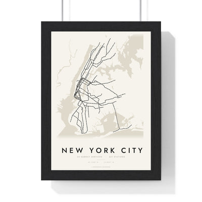 New York Subway Map Print - framed minimal New York City metro lines map print, black lines on cream paper