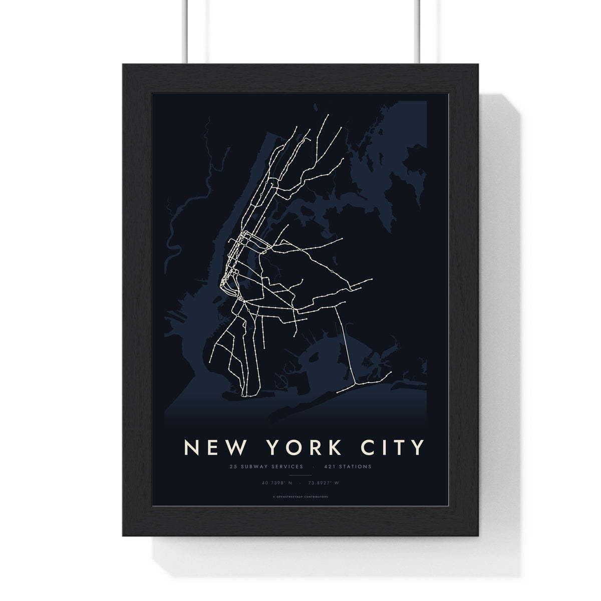 New York Subway Map Print - framed night style New York City metro lines print
