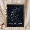New York Subway Map Print - night style New York City metro map print, light lines on a dark ground