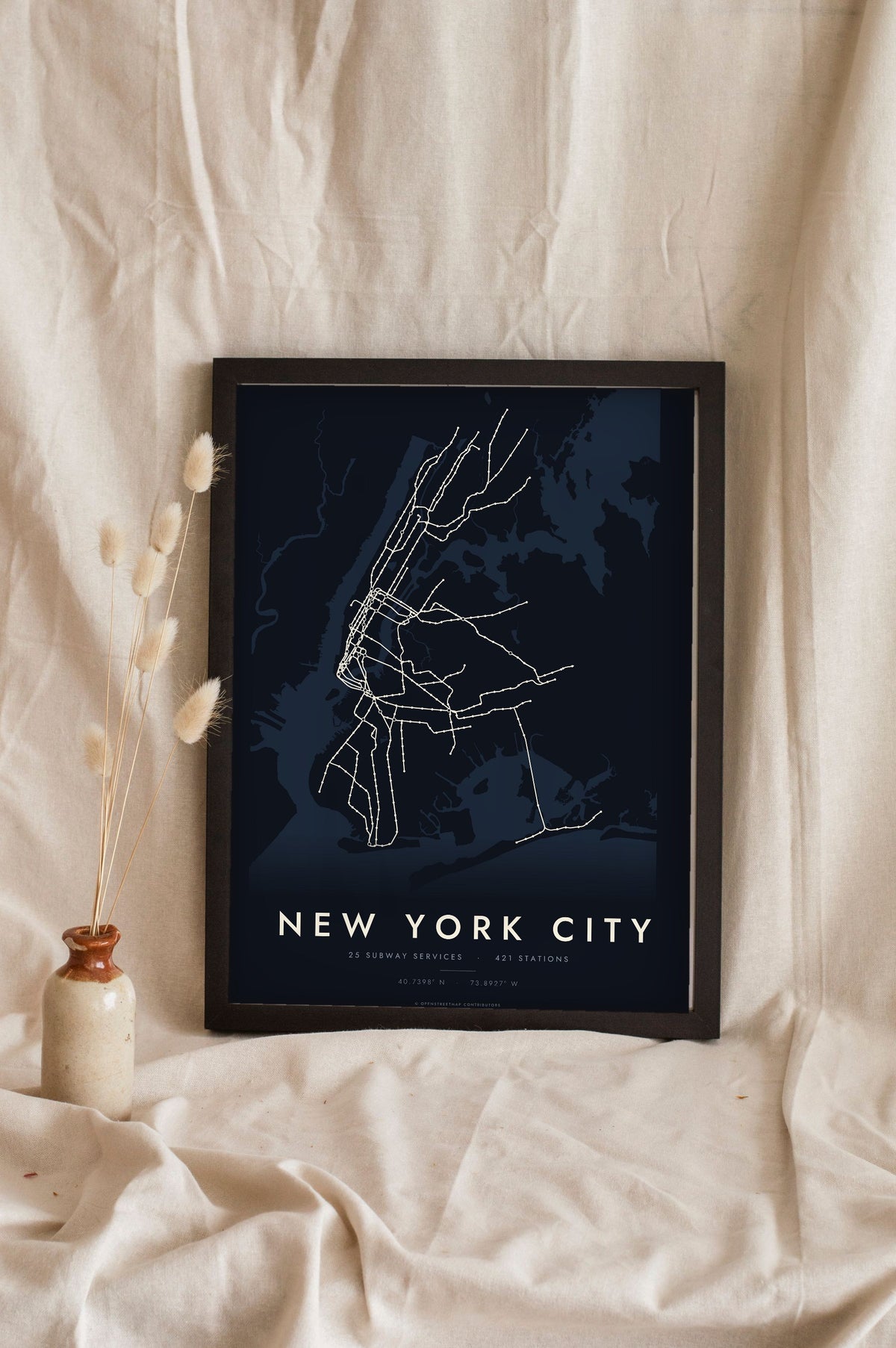 New York Subway Map Print - night style New York City metro map print, light lines on a dark ground