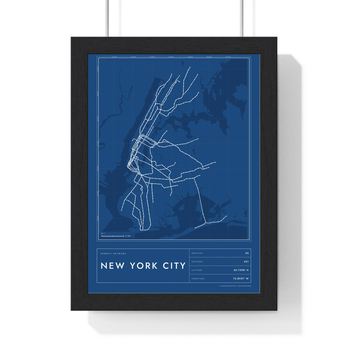 New York Subway Map Print - framed blueprint style New York City metro map print with grid and scale bar
