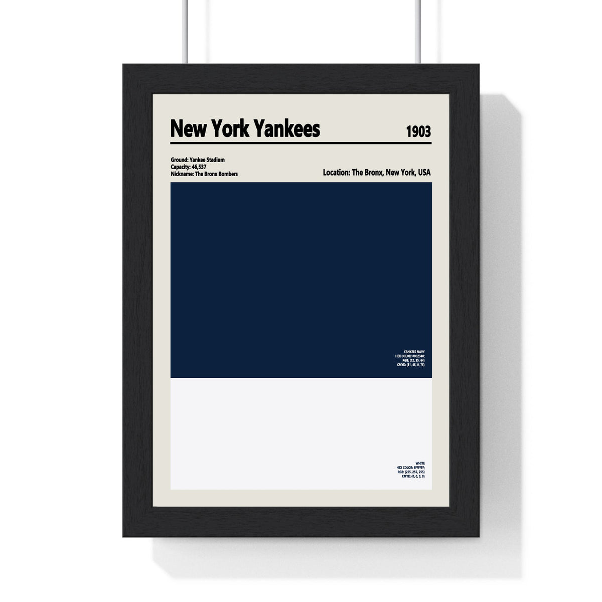 New York Yankees colour swatch print framed in a black frame, ready to hang
