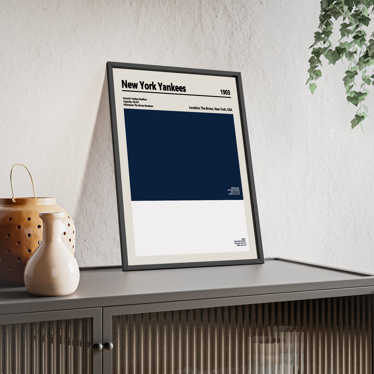 New York Yankees colour swatch print framed and leaning on a sideboard