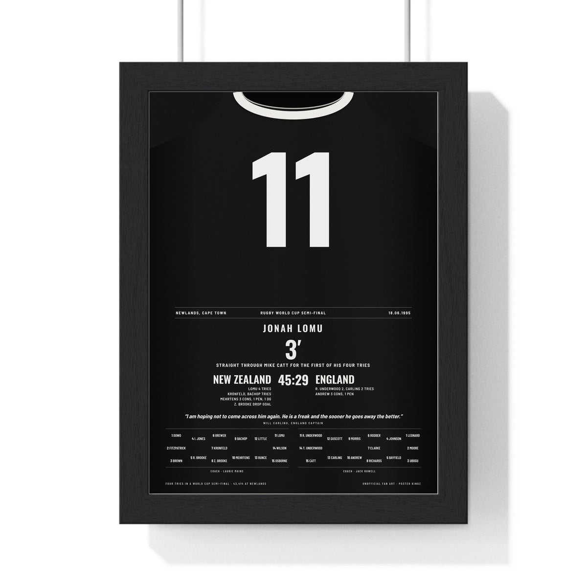 Jonah Lomu 1995 Poster - New Zealand v England Rugby World Cup Semi-Final All Blacks 11 Print framed in a black frame, ready to hang