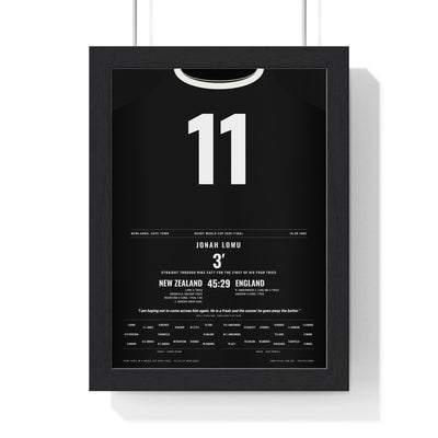 Jonah Lomu 1995 Poster - New Zealand v England Rugby World Cup Semi-Final All Blacks 11 Print framed in a black frame, ready to hang