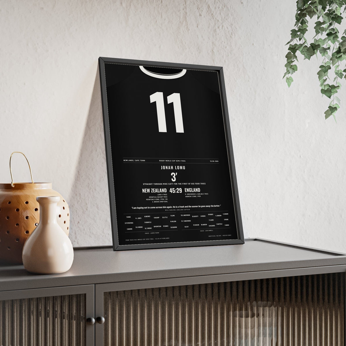 Jonah Lomu 1995 Poster - New Zealand v England Rugby World Cup Semi-Final All Blacks 11 Print framed and leaning on a sideboard