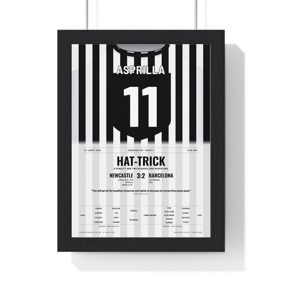 Newcastle 3-2 Barcelona Champions League 1997 Poster - Faustino Asprilla 11 Hat-Trick Shirt Print framed in a black frame, ready to hang