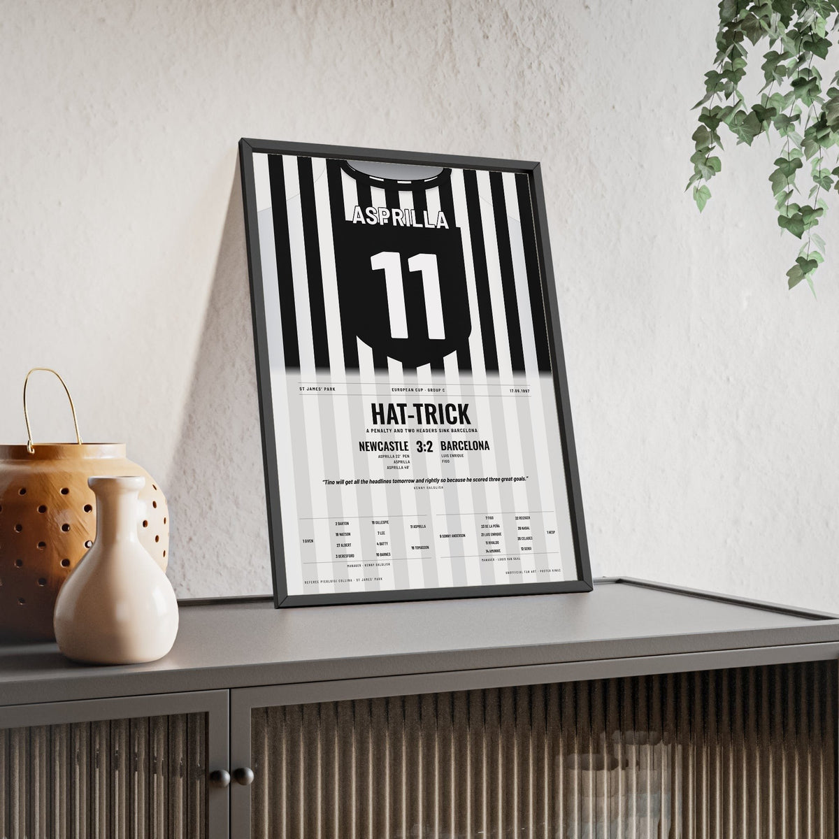 Newcastle 3-2 Barcelona Champions League 1997 Poster - Faustino Asprilla 11 Hat-Trick Shirt Print framed and leaning on a sideboard