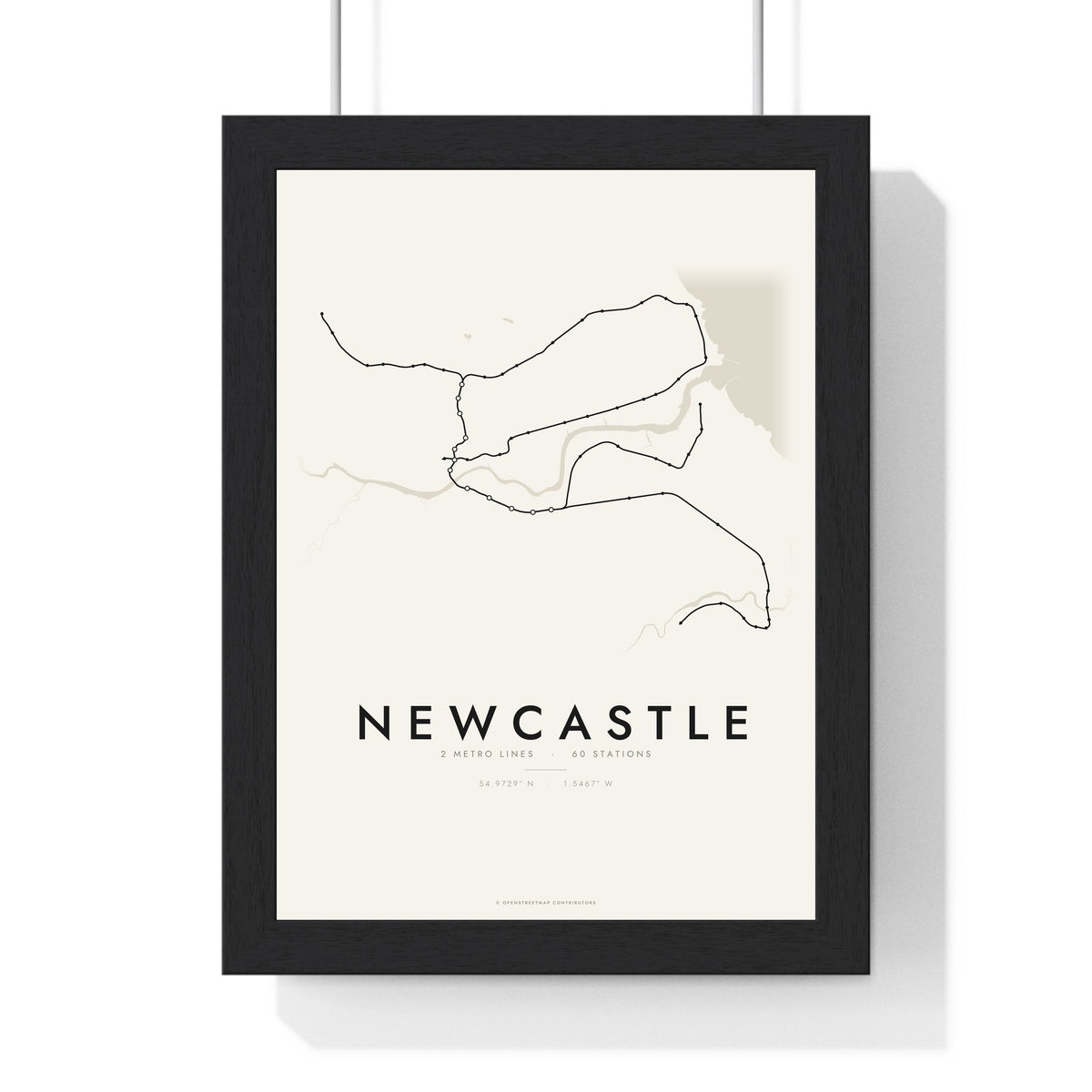 Newcastle Metro Map Print - framed minimal Newcastle metro lines map print, black lines on cream paper