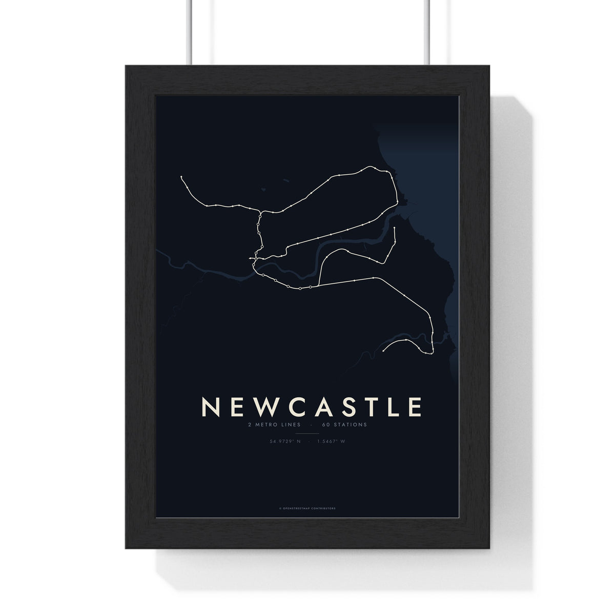 Newcastle Metro Map Print - framed night style Newcastle metro lines print