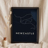 Newcastle Metro Map Print - night style Newcastle metro map print, light lines on a dark ground