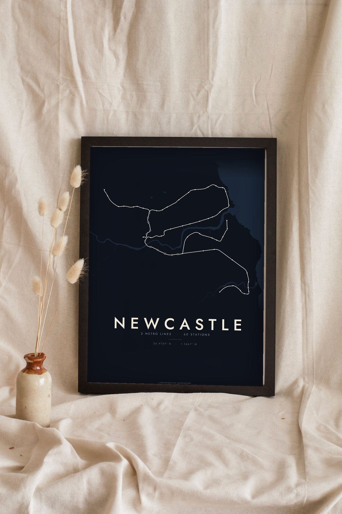 Newcastle Metro Map Print - night style Newcastle metro map print, light lines on a dark ground