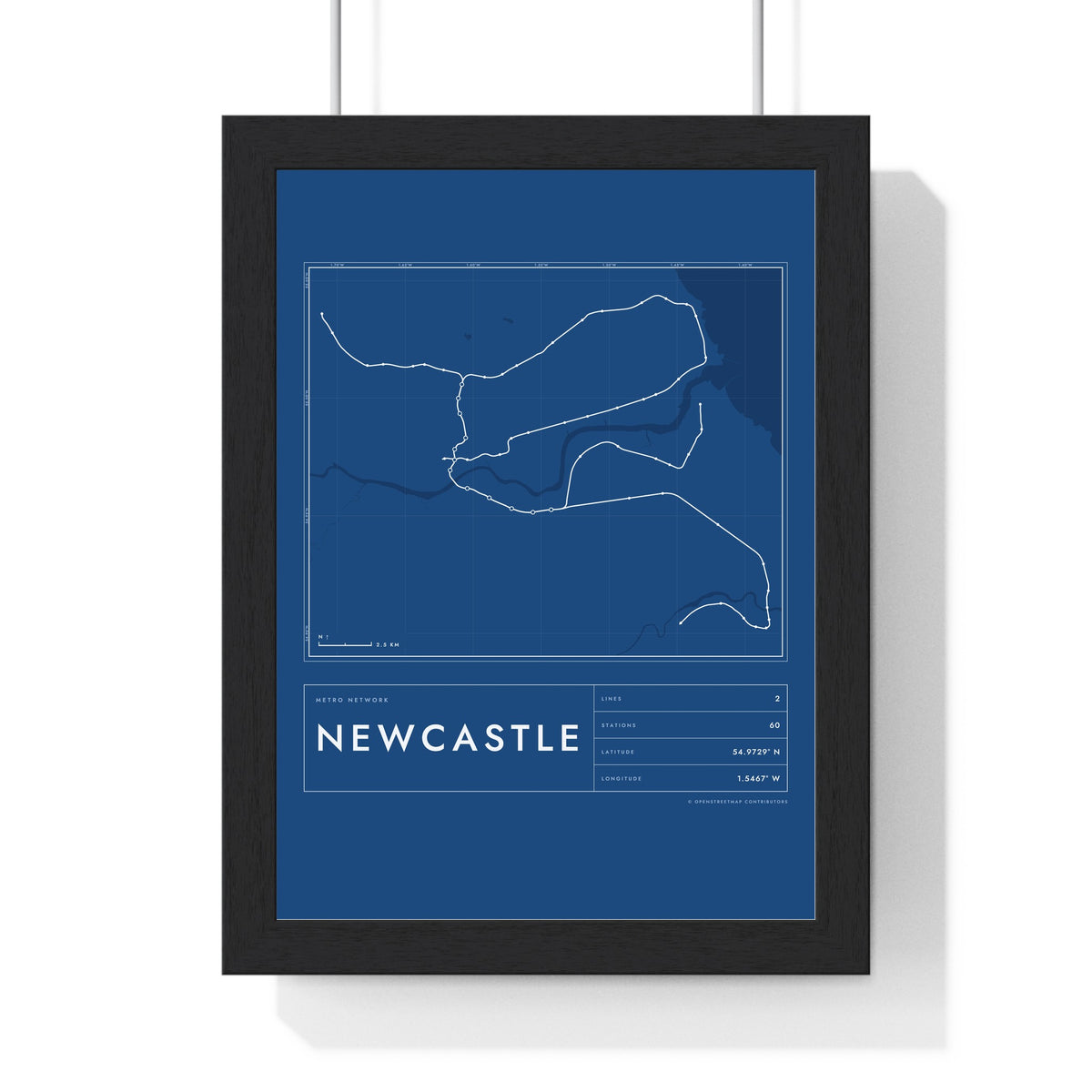 Newcastle Metro Map Print - framed blueprint style Newcastle metro map print with grid and scale bar