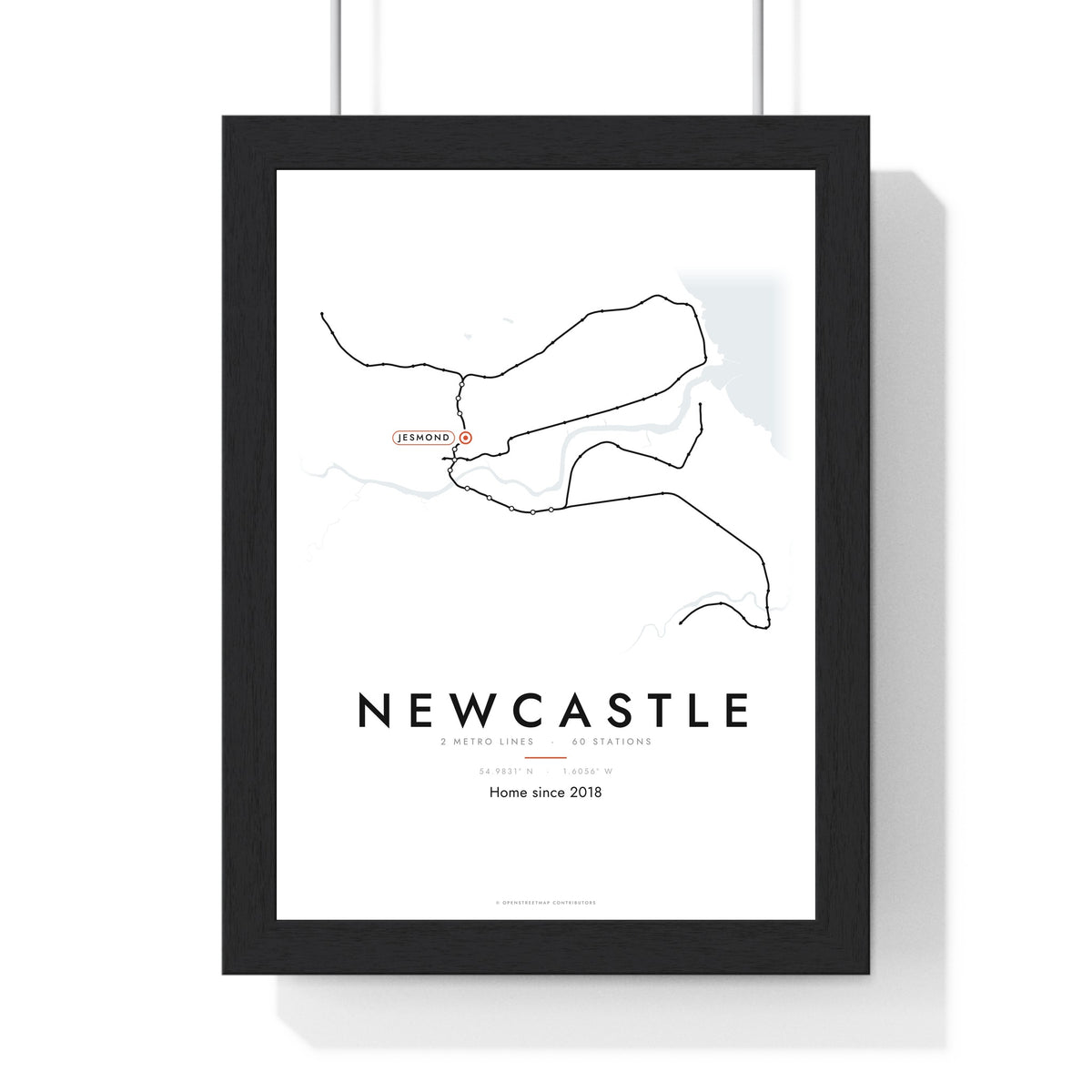 Newcastle Metro Map Print - framed Newcastle metro map print with a highlighted station and caption
