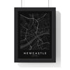 Newcastle street map poster in black, minimal city map print framed in a black frame
