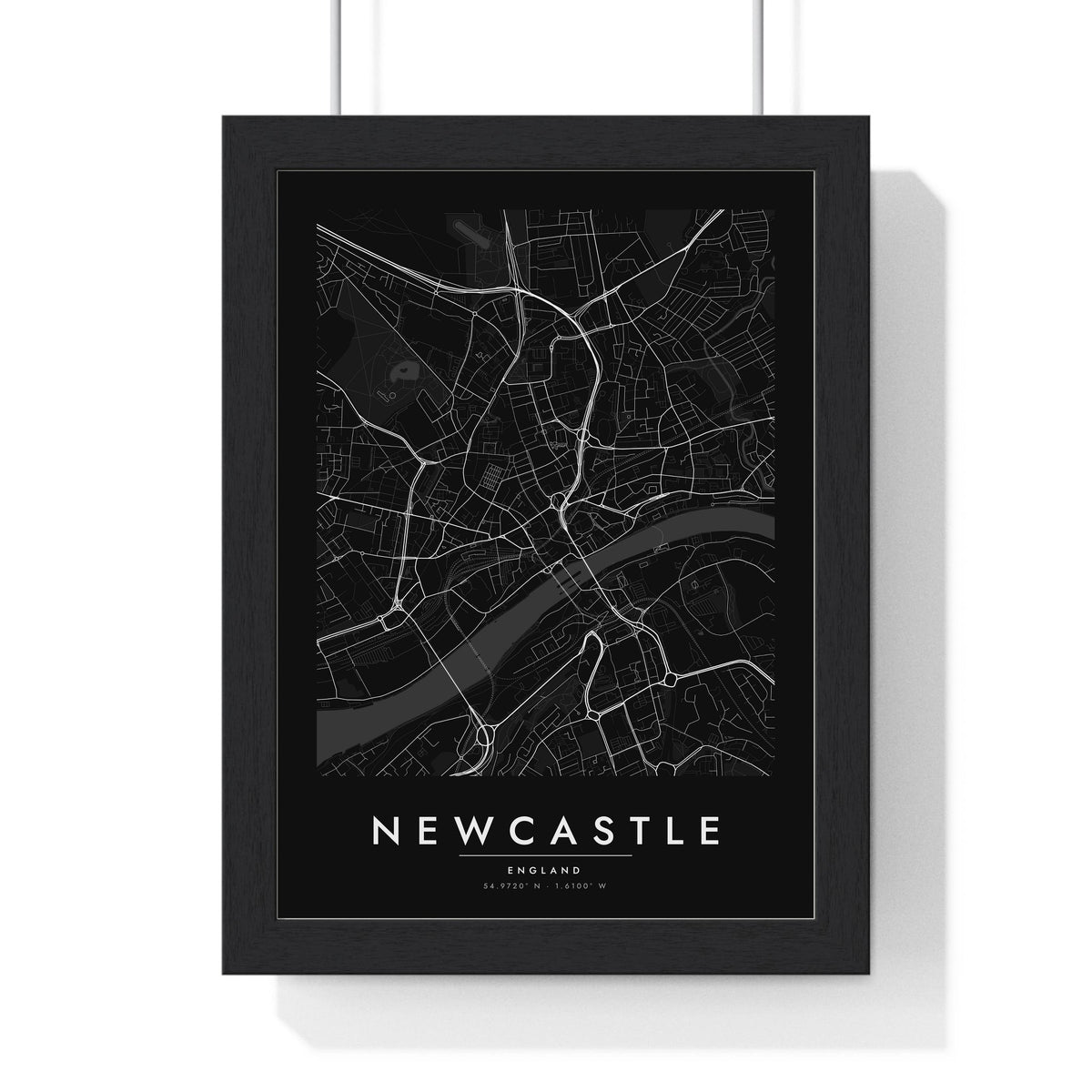 Newcastle street map poster in black, minimal city map print framed in a black frame
