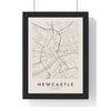 Newcastle street map poster in cream, minimal city map print framed in a black frame