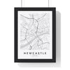 Newcastle street map poster in white, minimal city map print framed in a black frame