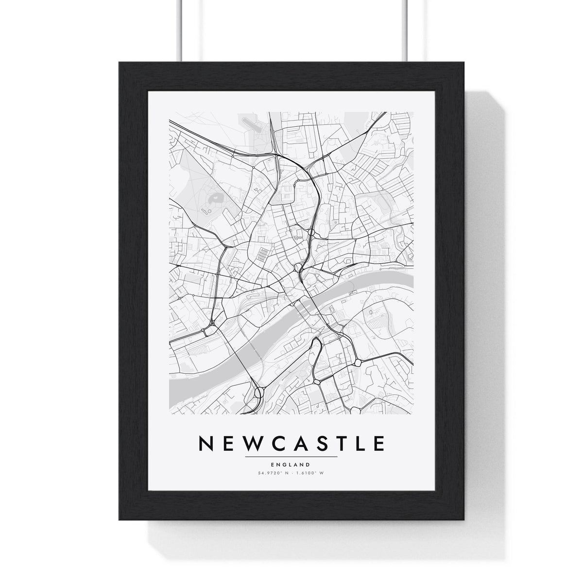 Newcastle street map poster in white, minimal city map print framed in a black frame