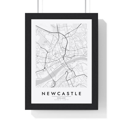 Newcastle street map poster in white, minimal city map print framed in a black frame