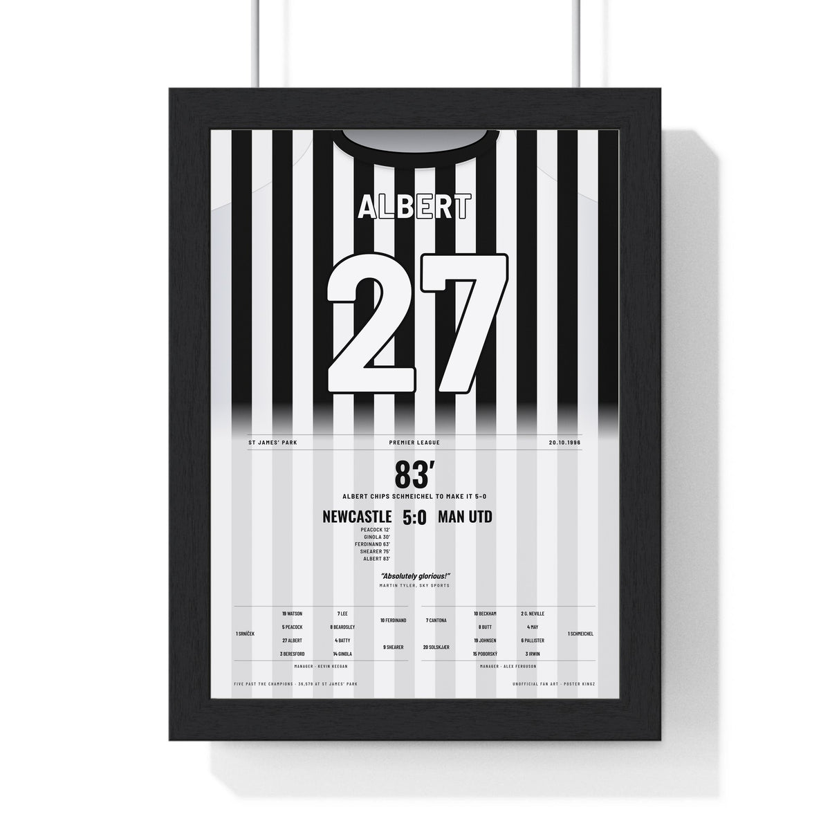 Newcastle United 5-0 Man Utd 1996 Poster - Philippe Albert 27 Chip Shirt Print framed in a black frame, ready to hang
